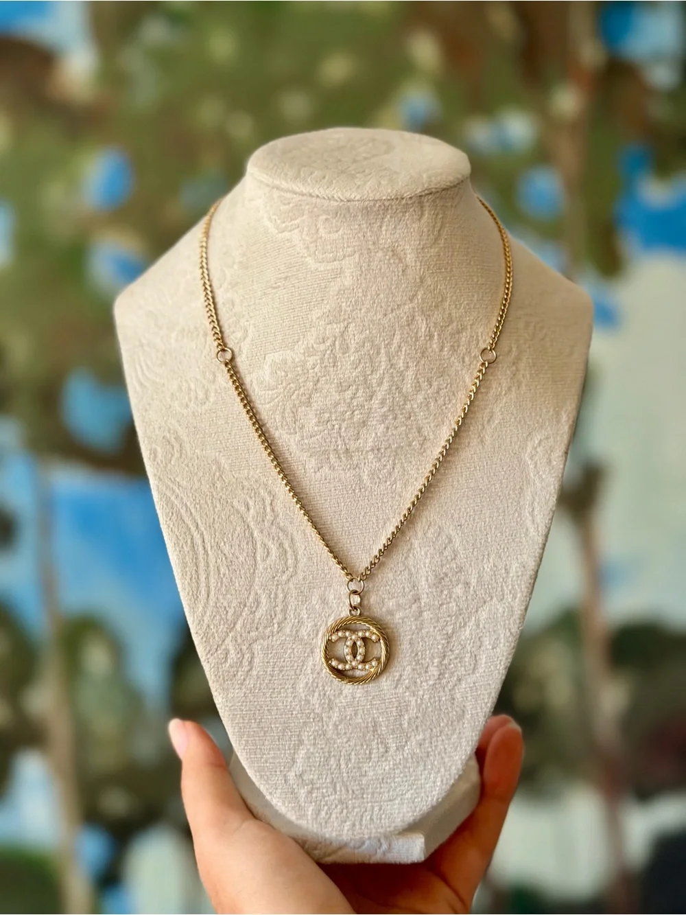 CHANEL Gold-Tone CC Pearly Pendant Necklace
